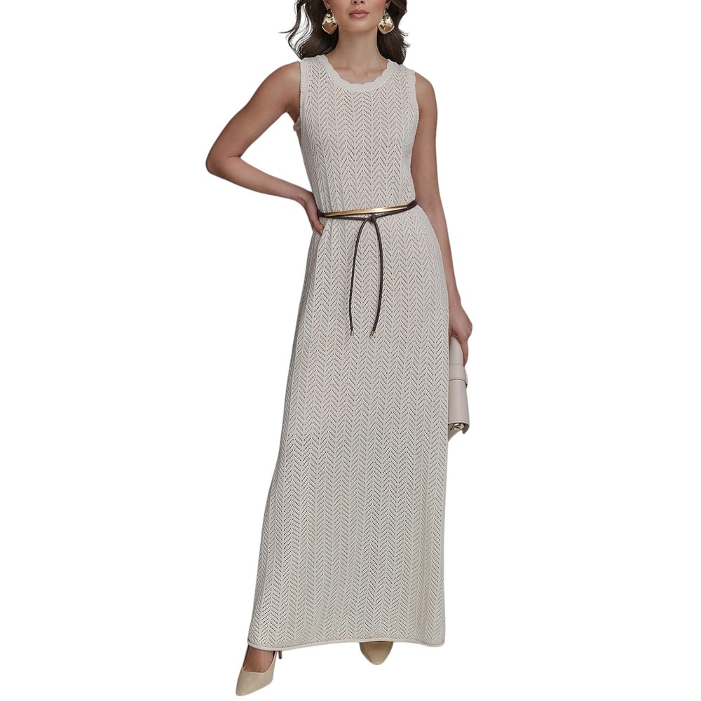 NEW DONNA KARAN NEW YORK Maxi Sweater Dress Metallic Knit Ivory Large NWT